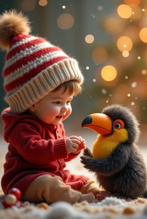 Create a cozy and enchanting scene that captures the joy of a toddler and a toucan cub in a fun time together.  The  wears a striped red and white wool hat ,  while the puppy , with dense fur ,  seems to be talking with her . In the background,  there are ...