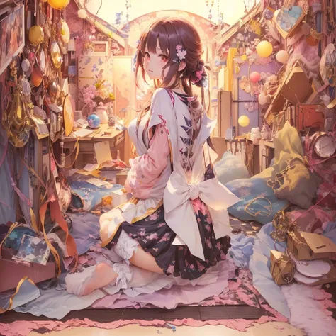 anime girl sitting on the floor in a room with many items, beautiful anime artwork, by Kamagurka, by Yuumei, digital art on pixiv, beautiful anime art, anime style 4 k, anime art wallpaper 4k, anime art wallpaper 4 k, best anime 4k konachan wallpaper, pixi...