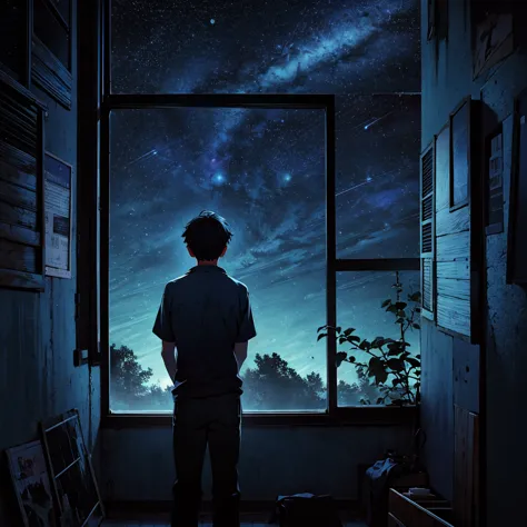 A teenage boy with a broken heart, in a room at night, looking out the window at the night sky.