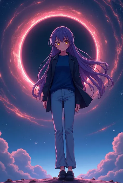 anime style, female character with long dark purple hair, bright yellow eyes, fair skin, dark blue shirt, black jacket, light blue long pants, black shoes, height 1.80 meters, smiling, standing in outer space with a massive black hole in the background, fa...