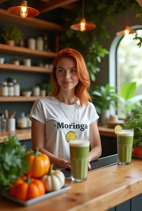 The moringa bar is a large teak wood bar with wooden tables with a very beautiful girl who serves a red-haired light Caucasian brunette with unparalleled beauty and has a t-shirt that says moringa with small letters in white, there are all kinds of moringa...