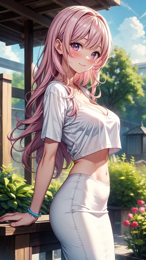 ((masterpiece, best quality:1.5, high detail)), beautiful woman (leaning to the side), view from the side, from side, smile, long wavy hair, (pink hair), hairpin, bright purple eyes, light blush, ((white t-shirt v-neck)), cleavage, large breasts, (long bla...