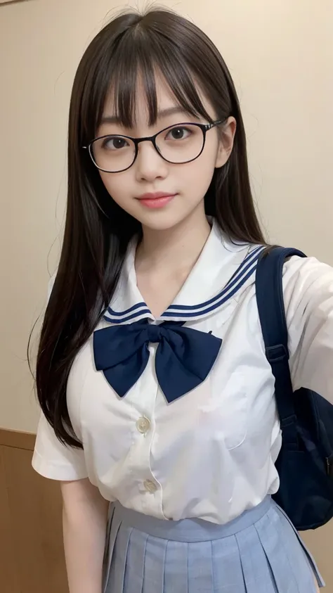 (masterpiece,  best quality:1.2),  one girl, Alone, 1,  Japanese woman with a viewing angle of, Super cute idol-like face , Beautiful model-like figure,  double eyelid big eyes ,Glasses、 ( white shirt,  sailor school uniform ,  Navy Blue Pleated Skirt:1.2)...