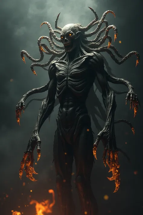  a monstrous creature with a skeletal body shrouded in black flames .
 His skin seems to be made of torn leather ,  and tentacles emerge from his back that turn into chains with hooks at the end. His face has no definite features , just a void 