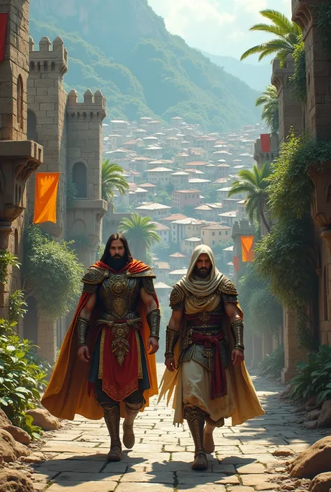 a city in a medieval fantasy world with stereotypes of the state of Rio de Janeiro and a warrior and a warrior in the middle with stereotypes of Rio de Janeiro in their robes walking forward