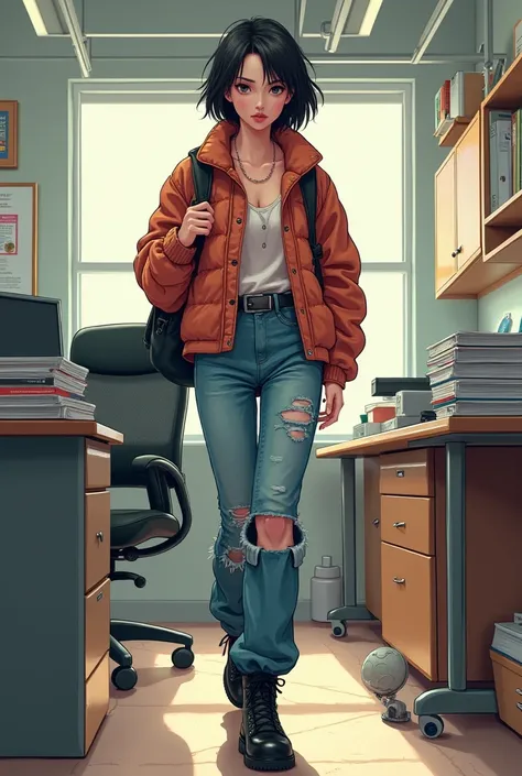  Create a character for my PS1-style game . Her name is Faye ,  and she is the best friend of the protagonist ,  an alternative girl with Asian Tomboy hair and lives in the 90s.  Make her realistic in an office environment  