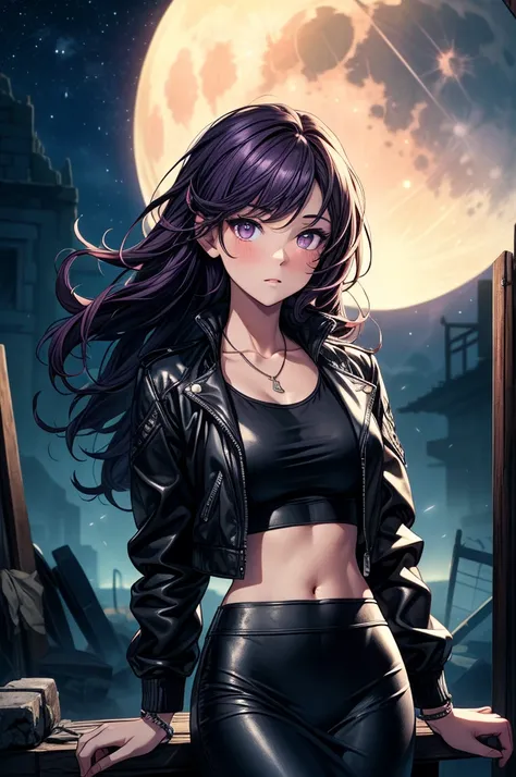 ((masterpiece, best quality:1.3, high detail)), beautiful serious woman, looking at viewer, long wavy hair, (dark purple hair), hairpin, bright purple eyes, light blush, (crop top and leather jacket), (long black midi (pencil skirt)), midriff, navel, neckl...