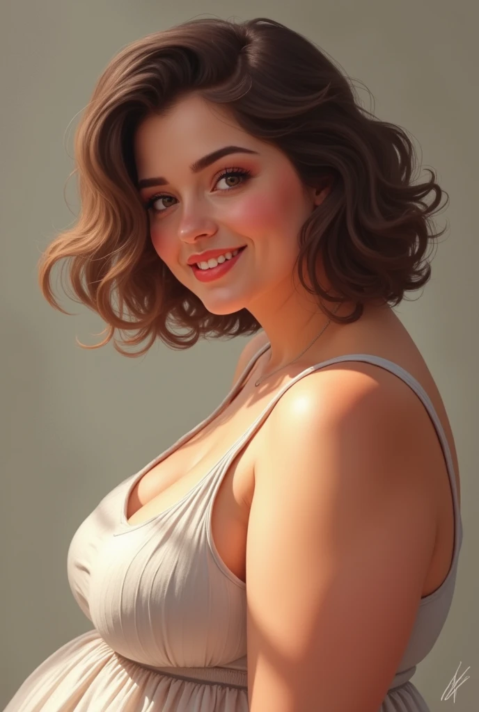 A plus size girl with short brown hair that flows in curly locks to her shoulders, her curves mostly on her back and her soft medium belly. Her arms are kinda big and her thighs and legs too, she has a small chest. her face is sweet, her mouth full and she...