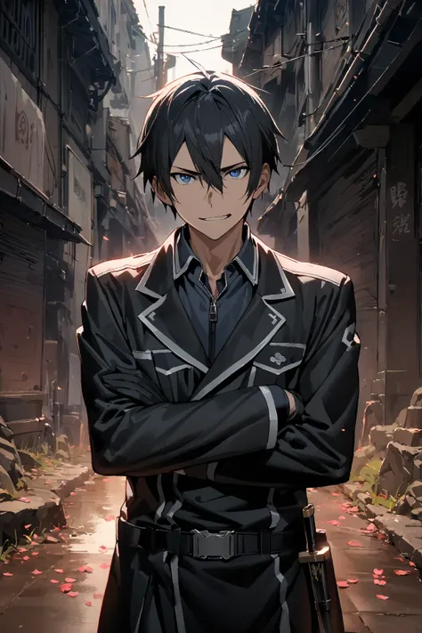 masterpiece, 最 High Quality , 8k, ((1 male, Alone, male focus, confident,)), Kawabe, a row of cherry blossom trees , 最 High Quality , Kirito,  A cool guy with a delicate and elegant Japanese anime style ,  Sword Art Online, wears a black zipper-collared sc...