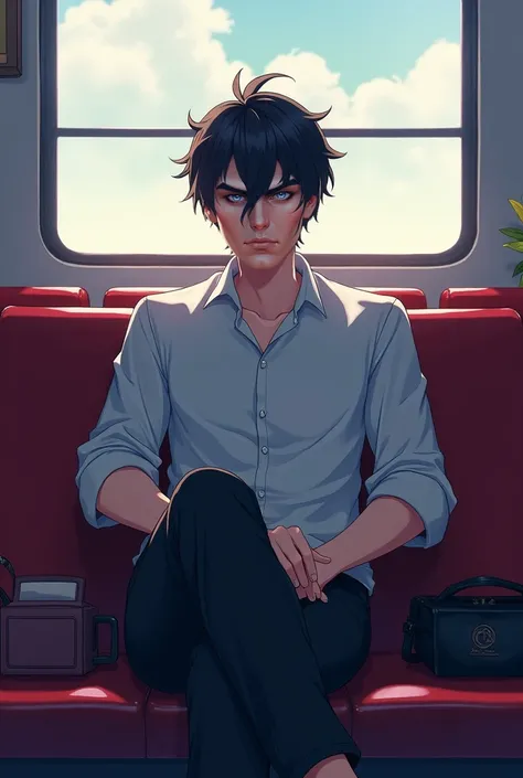 this man sitting in his seat, anime style 