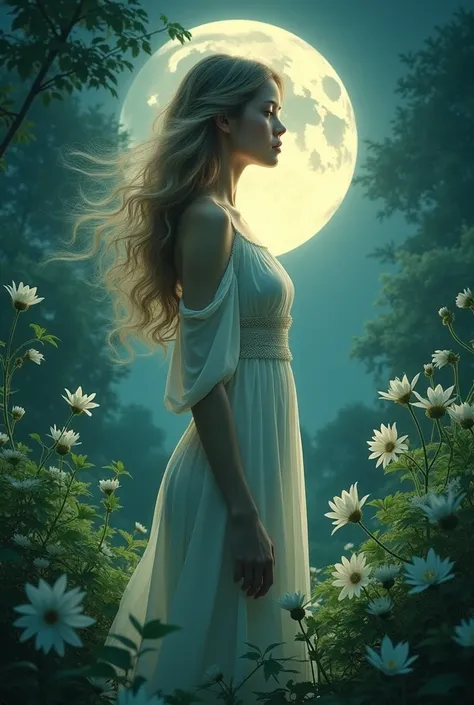  sea white flowers, green, moon, darkness, woman