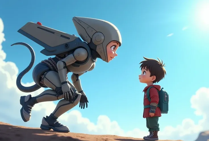 A scene depicting the moment when a fighter jet-themed female humanoid and a young boy meet for the first time, gazing into each others eyes from a slight distance, in the official art style of a 2020s animated movie, 4K quality. The girl is wearing advanc...