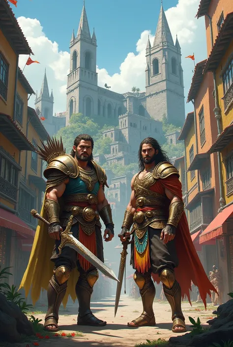 a city in a medieval fantasy world with stereotypes of the state of Rio de Janeiro and a warrior and a warrior in the middle with stereotypes of Rio de Janeiro in their clothing 