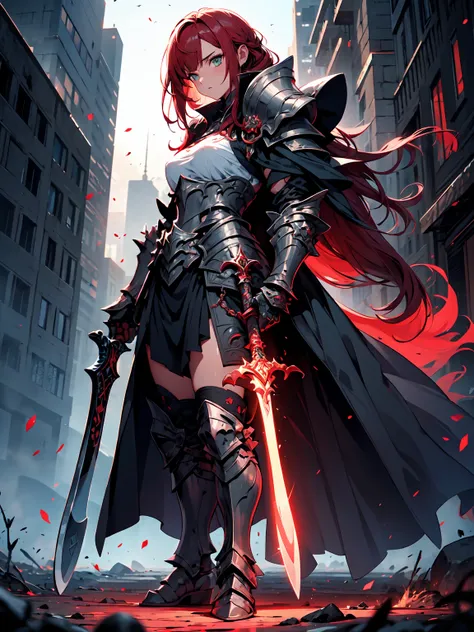 (((masterpiece, best quality, high detailed, 16k))) (1girl) A strikingly beautiful woman with fiery red hair cascading down her back and piercing green eyes that glow with intensity. She wears an imposing obsidian armor, alive with glowing red veins that p...