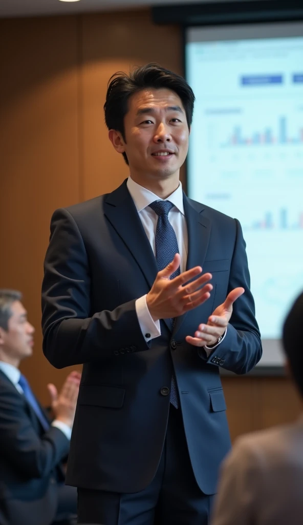  this is an image of a handsome Japanese man in his late 30s。 this man is wearing a cool suit 、Its a person who can do the job 。Im giving a presentation in the conference room and 、 receiving applause from other participants in the conference room。