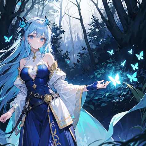 The image depicts an anime-style character with long, flowing blue hair adorned with a black butterfly hairpin. The character is wearing a detailed outfit with a mix of blue, white, and black colors, featuring floral patterns and a white belt with a gold b...