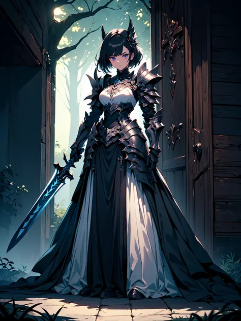 (((masterpiece, best quality, high detailed, 16k))) (1girl) A mysterious, shadowy woman with short black hair and piercing violet eyes. She wears dark, sleek armor designed for stealth, with intricate patterns that shift and blend into the shadows. Nyxara ...