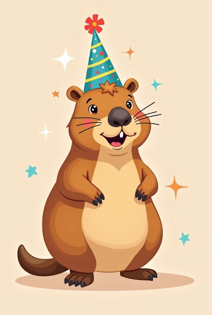 Create a cartoon of a capybara wearing a birthday hat