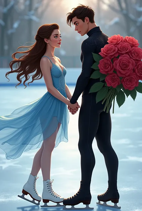 two people,  a girl and a boy, the girl is 20 years old,  she has brown hair and blue eyes like the sky ,  she has a gentle and friendly look but this one would be ,  wears a blue ice skater outfit with Celeste and wears white tights on her legs and white ...