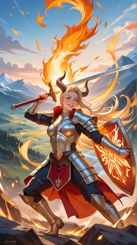 Draw an artistic representation of the Aries sign, symbolized by a strong and fearless woman, exuding energy and leadership. She must have a powerful and confident posture, with rams horns adorning her head, representing determination and courage. Your loo...