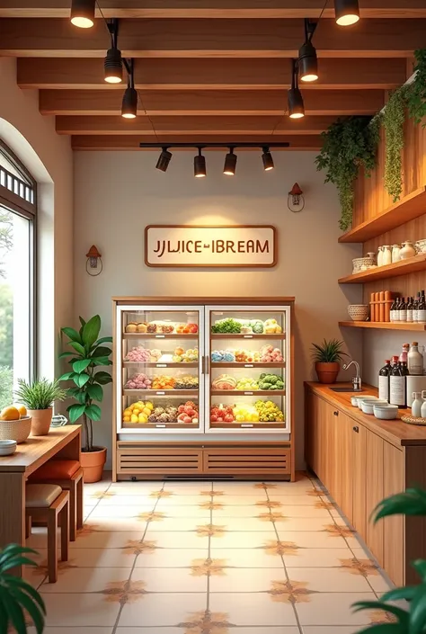 The design of the decoration of the juice and ice cream cafe and showcase refrigerator, dimensions 12 meters long and 4 meters wide just once entered 