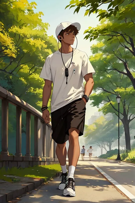 Young man, walking in the park, listening to music, headphones, short brown hair, white hat, light brown eyes, wearing a white t-shirt with a cool print, black shorts, white Air force sneakers, Full body