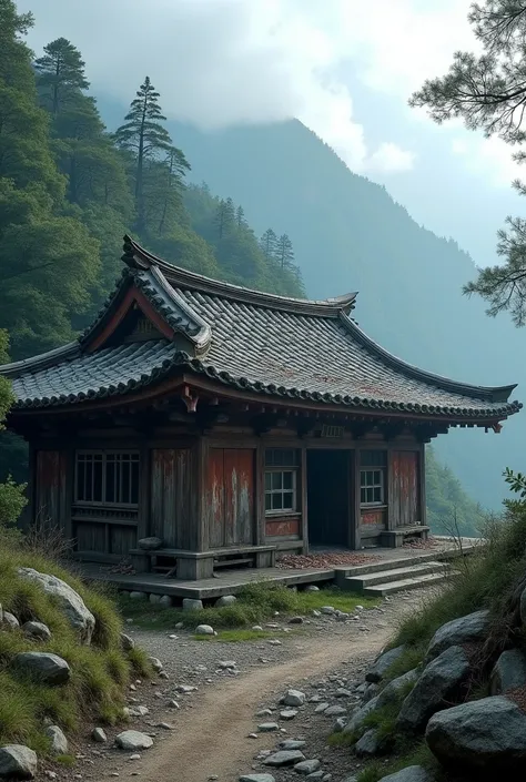 Edo period　In the mountains　A small one-story temple 　 rotten and old 　 decayed and dilapidated　 the roof and walls are broken 　 Collapsing 　 high definition 　 real