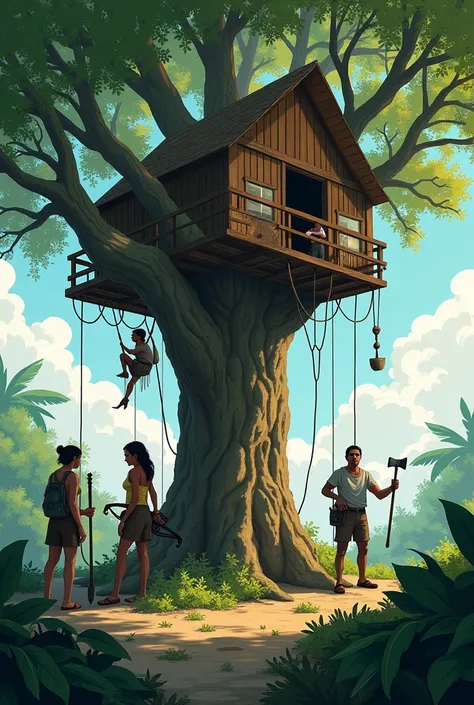 Days 6-10 :  Shelter Construction Prompt : " Elevated tree shelter built with axe and shovel ,  survivors installing multi-purpose rope traps ,  prepared crossbow ,  hammock between branches ,  zombie guinea pigs stalking ,  2 women preparing spears while ...