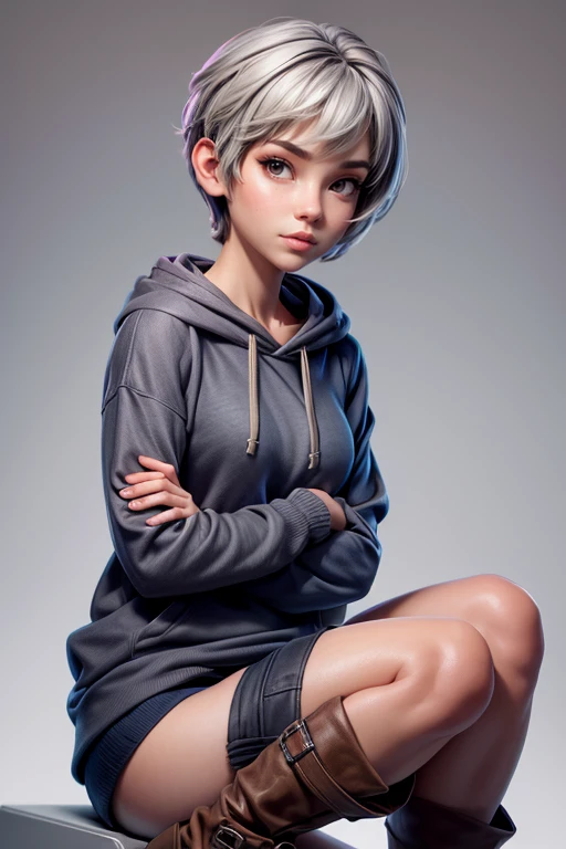 Young woman, blue tube top , Black miniskirt,  brown knee-length boots, gray hoodie sweatshirt,  short hair , Iluminación natural,  ultra resolution ,  plain white background , without patterns, No textures.