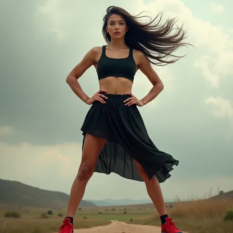 A 19 year old girl, realistic epic, legs apart, black tank top, black Pleated Skirts and red sneakers, wind blowing