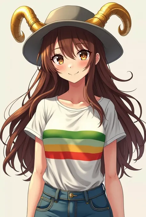 Female anime white leather brown hair t-shirt with green, red, yellow and orange stripes, gray hat upside down, curved golden horns gold and white and Jean pants
