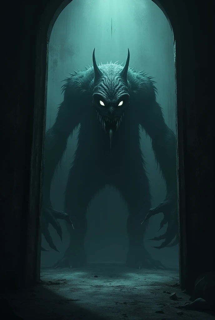 Scary creature in a dark room with glowing eyes 