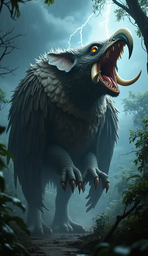 Mutant fusion hybrid of an eagle with an elephants head with ivory tusks roaring and furious in a storm at night in the jungle 