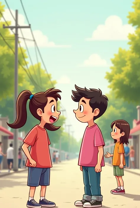 make a cartoon of a teenager with long hair with pigtails and a pink shirt with his father, then while chatting , then there was a friend who said hello near him