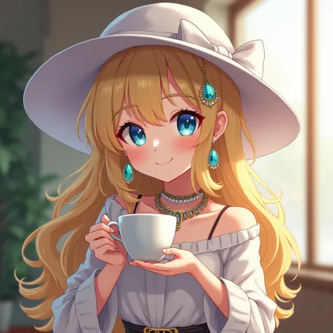  Detailsな美しい顔、Chibi Anime、(( best quality))、((gem))、( Details)、Fair-skinned、Blue Eyed、 A beautiful 15-year-old Japanese woman is smiling while drinking coffee 、 wearing large diamond and emerald earrings and necklaces、 wide-brimmed white hat displayed here...