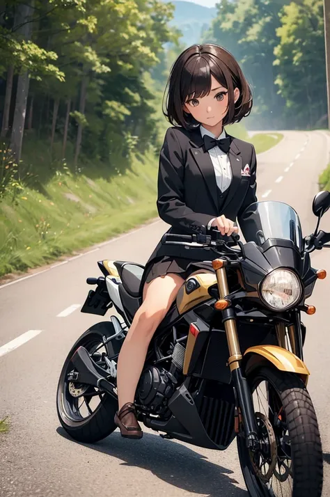 ((best quality)), ((masterpiece)), (detailed), 1girl, asian young woman, short bangs, brown hair, brown asian eyes, feminine, bowtie, black opened tuxedo jacket,medium length black dress skirt, short white socks, fancy black shoe, speeding on a dirt bike, ...