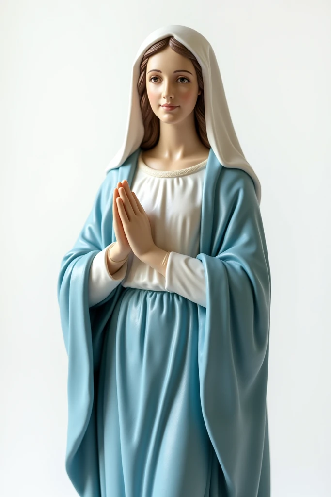 Entire plaster image of Our Lady of the Conception wearing white veil and blue dress and white background