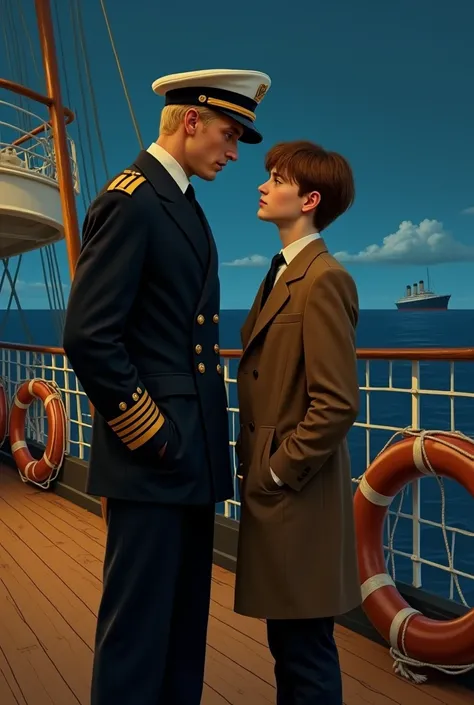 Make a drawing of tall blonde British officer with a 18 years (shorter than the officer but not to short)  than old teenager on the Titanic deck at night looking at the sea

the teenager it’s from the first class passenger 
They looking at each other. The ...