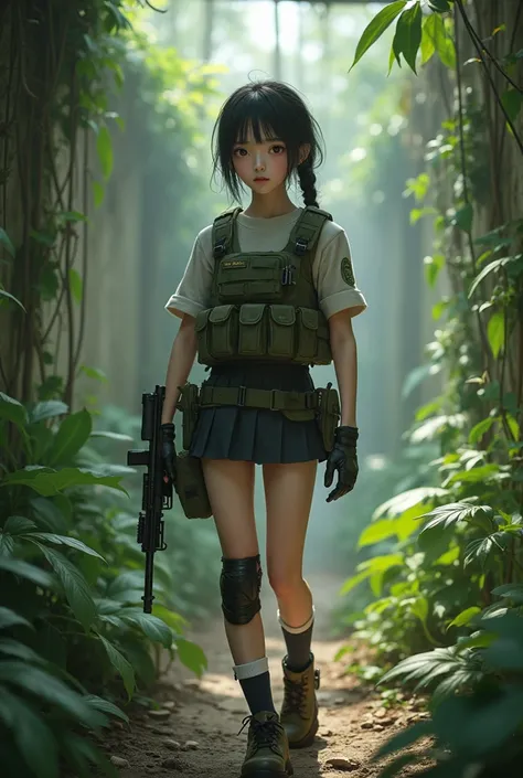  Photorealistic 。 A 15-year-old Japanese woman is wearing American special forces equipment and holding a gun。 mini pleated skirt 、 Wears Knee-High Socks 。The location is a place overgrown with plants 。