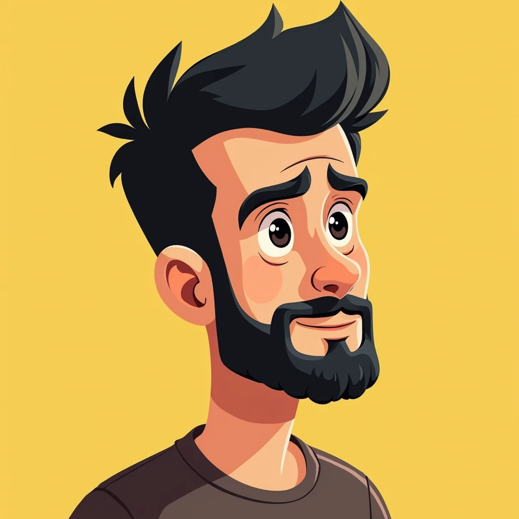 Create  illustration of a animation character whos a middle age man, with black short hair in a buzzcut, dark eyes and a  little beard. The character is set against a simple only one color background. In a nostalgic 2000s cartoons art style. The countour l...