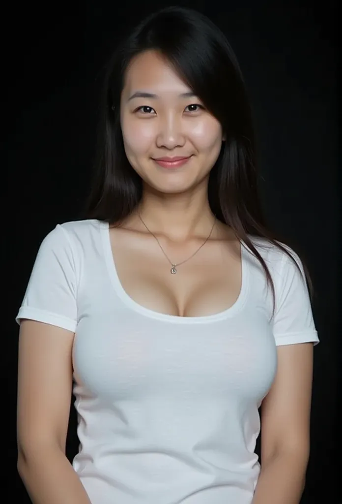 pretty asian woman wearing white tight tshirt, black background, (((big breasts))), closed mouth, light smile, upper body shot, ...