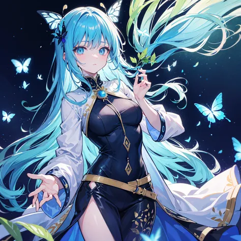 The image depicts an anime-style character with long, flowing blue hair adorned with a black butterfly hairpin. The character is wearing a detailed outfit with a mix of blue, white, and black colors, featuring floral patterns and a white belt with a gold b...