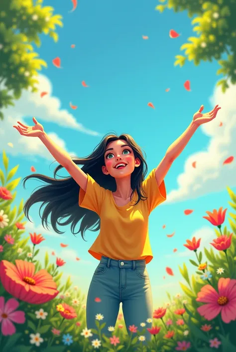 Cartoon woman with long black hair raising her hands to the sky walking among flowers