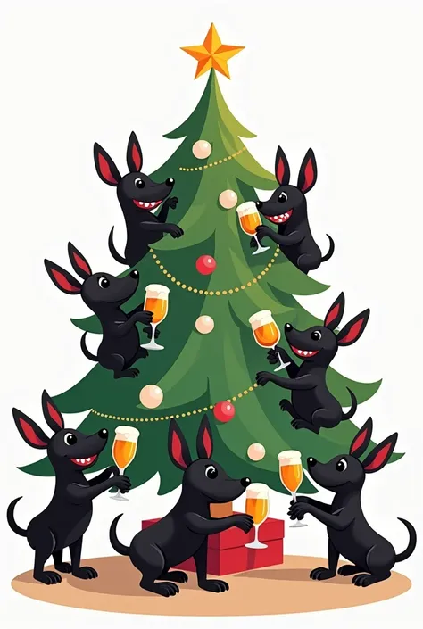  Christmas tree with small black pincher dogs short tail funny drinking wine and beer transparent background, a female pincher fat black dog , cartoon style cartoon  