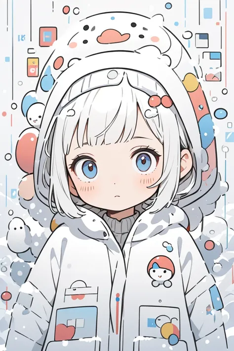 Ultra-realistic Hayao Miyazaki style, Simple line acronym abstract art, Kawaii design,  The most beautiful girl ever, Playing in the snow, snow rabbit 