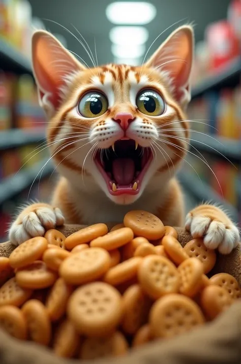 A surprised cat with its mouth open and exaggerated eyes looking at a large bag of cat biscuits in a store and its lenses under its eyes 