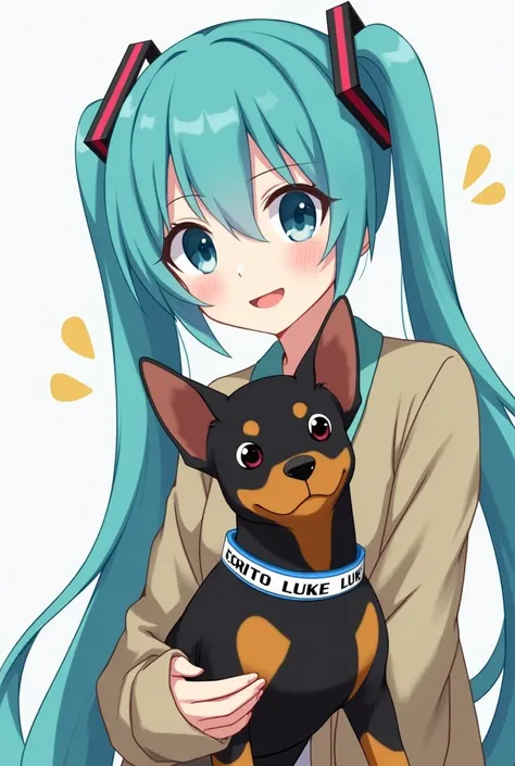 With Hatsune Miku with a small pinscher in black and orange with the collar Esqrito Luke