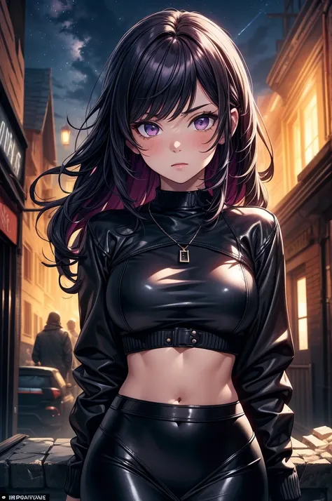 ((masterpiece, best quality:1.3, high detail)), beautiful serious woman, looking at viewer, long wavy hair, (dark purple hair), hairpin, bright purple eyes, light blush, (crop top and leather jacket), (long black pencil (skirt)), long black skirt, midriff,...