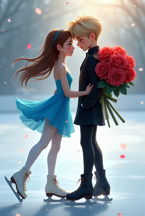 two people,  a girl and a boy, the girl is 20 years old,  she has brown hair and blue eyes like the sky ,  she has a gentle and friendly look but this one would be ,  wears a blue ice skater outfit with Celeste and wears white tights on her legs and white ...