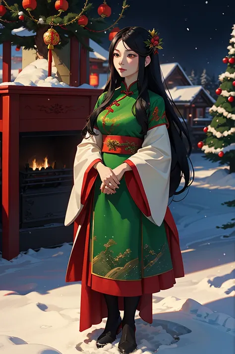 a beautiful chinese woman with long black hair wearing a red and green christmas dress, standing next to a large christmas tree covered in snow, snow falling from the sky, highly detailed, 8k, photorealistic, cinematic lighting, vibrant colors, masterpiece